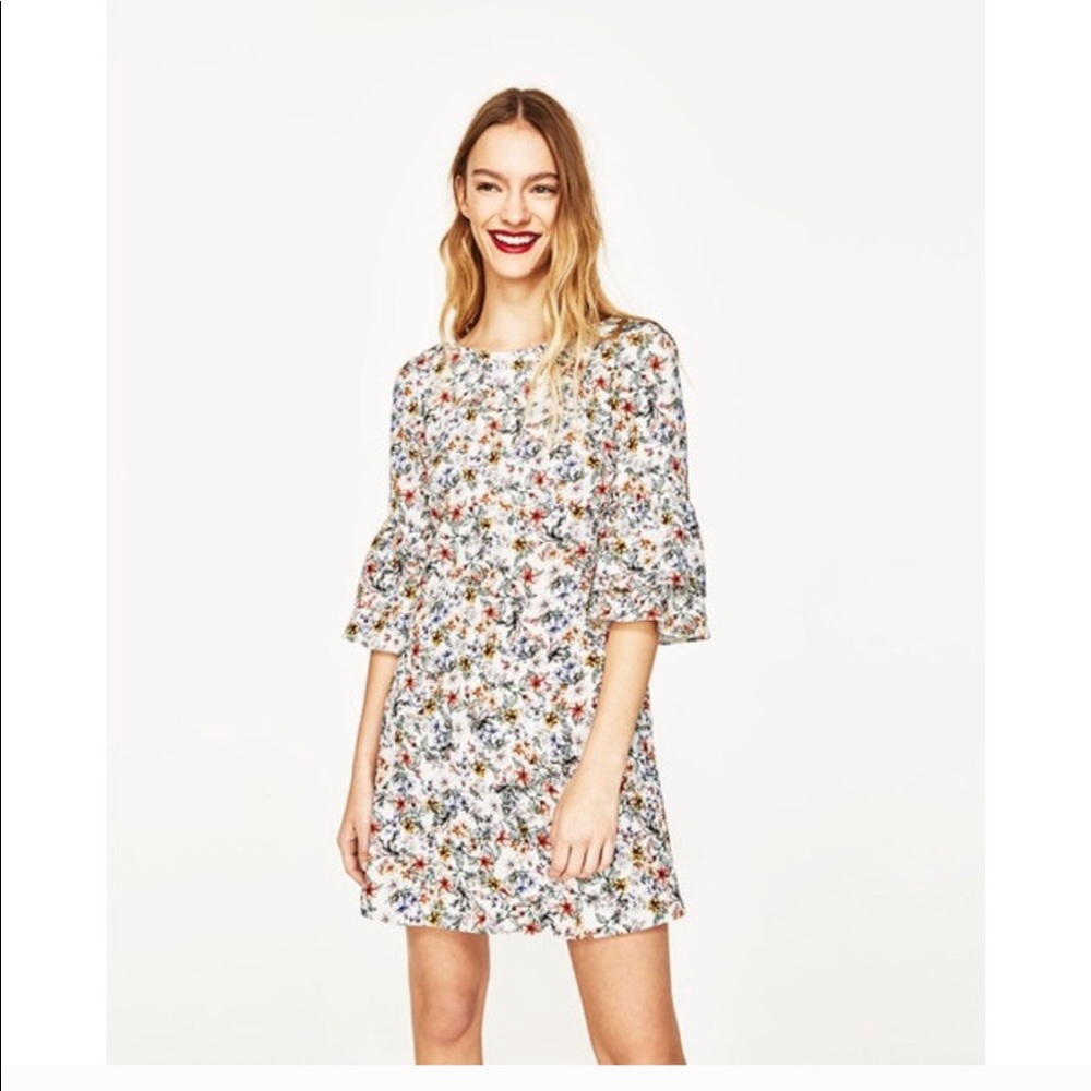 ZARA Floral Shift with Ruffled Bell Sleeves